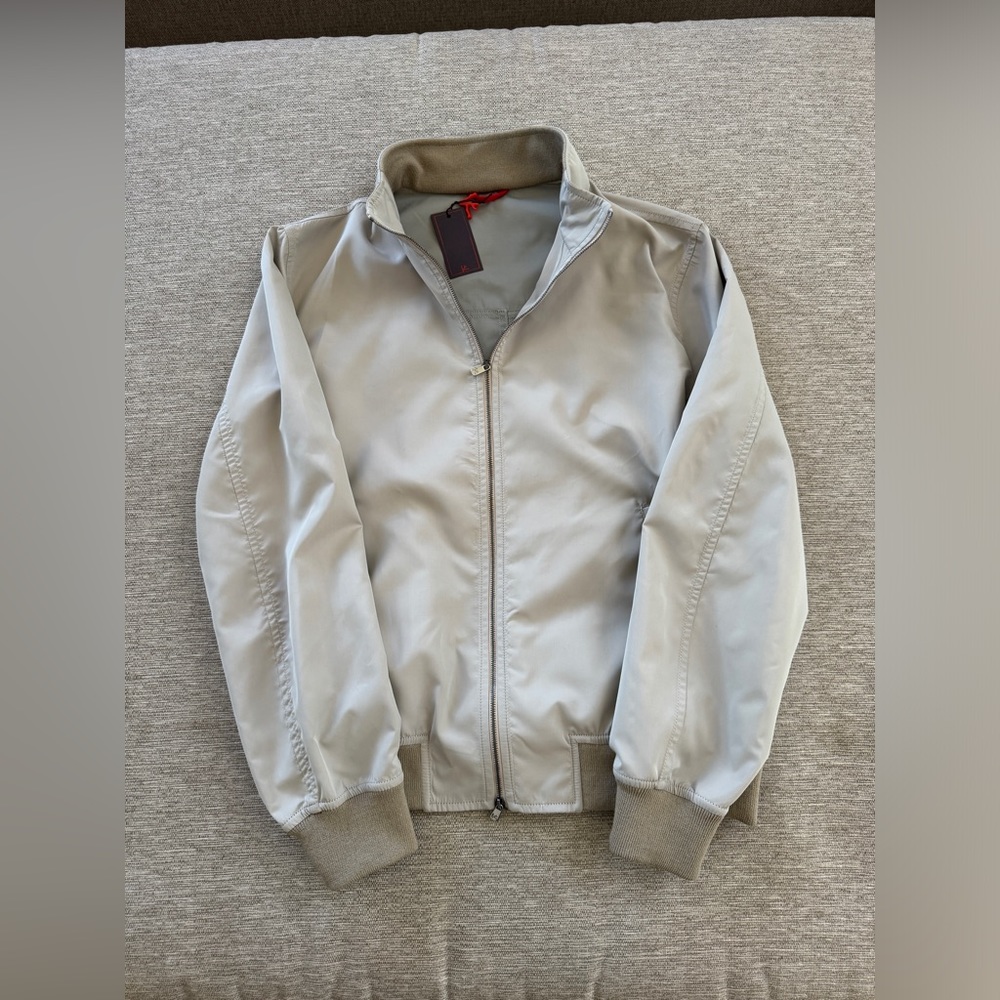 Isaia Napoli Beige Bomber Jacket Double Face Aqua Lining size EU 48 US 38 Medium